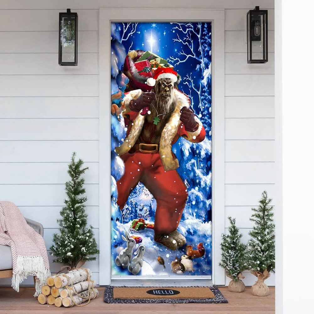 Bigfoot Door Cover Christmas Forest Decor - Front Door Christmas Cover - Christmas Outdoor Decoration