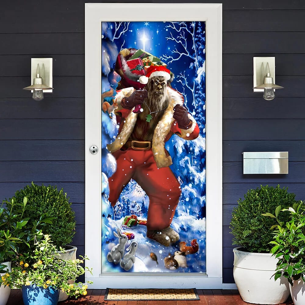 Bigfoot Door Cover Christmas Forest Decor - Front Door Christmas Cover - Christmas Outdoor Decoration