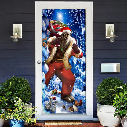 Bigfoot Door Cover Christmas Forest Decor - Front Door Christmas Cover - Christmas Outdoor Decoration