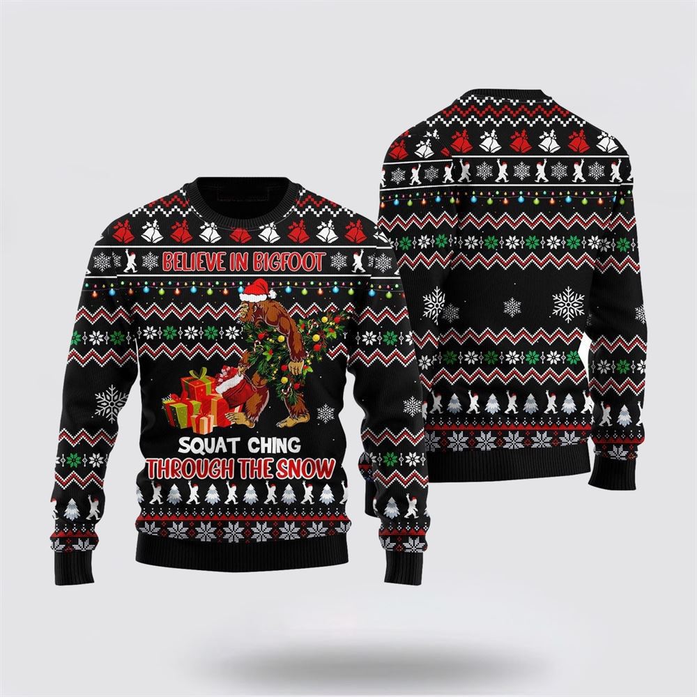 Bigfoot Ugly Sweater, Believe In Bigfoot Squat Ugly Christmas Sweater For Men, Best Gift For Christmas, Christmas Fashion Winter