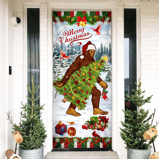 Bigfoot Wearing Santa Hat Christmas Door Cover - Front Door Christmas Cover - Christmas Outdoor Decoration