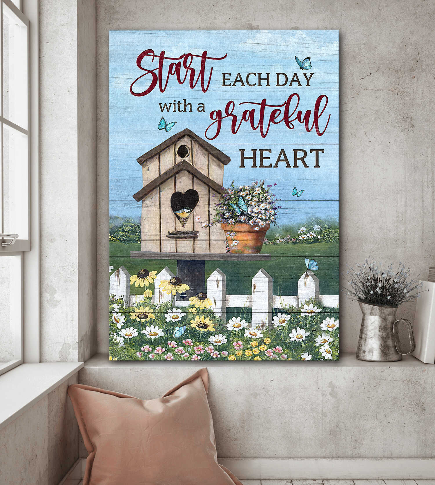 Bird House Painting Daisy Garden Start Each Day With A Grateful Heart Canvas Wall Art - Christian Gift