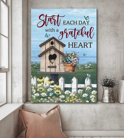 Bird House Painting Daisy Garden Start Each Day With A Grateful Heart Canvas Wall Art - Christian Gift