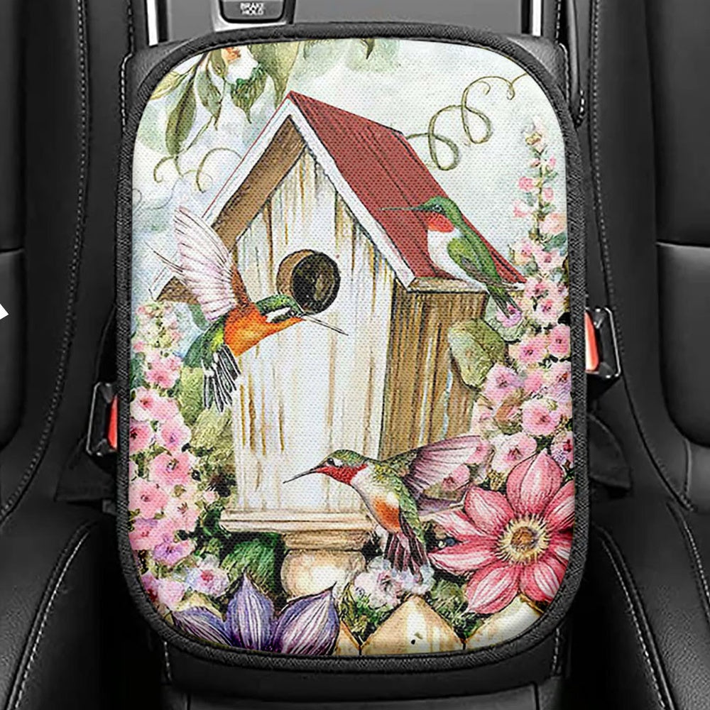 Birdhouse Hummingbird Pink Flower Garden Seat Box Cover, Christian Car Center Console Cover, Bible Verse Car Interior Accessories
