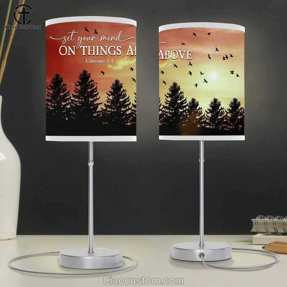 Birds Sunset Forest Set Your Mind On Things Above Table Lamp Print - Inspirational Table Lamp Art - Scripture Lamp Art