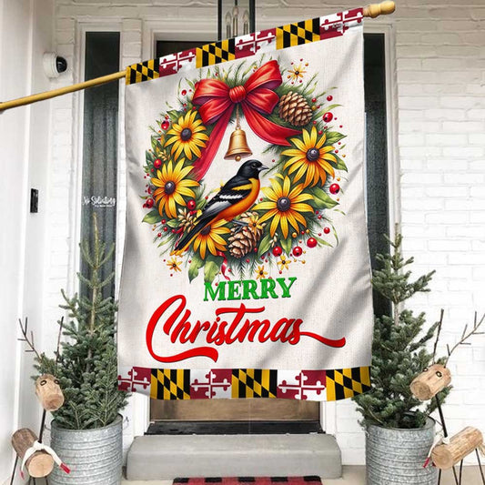 Black-Eyed Susan Christmas Wreath and Baltimore Oriole Maryland Flag - Religious Christmas House Flags