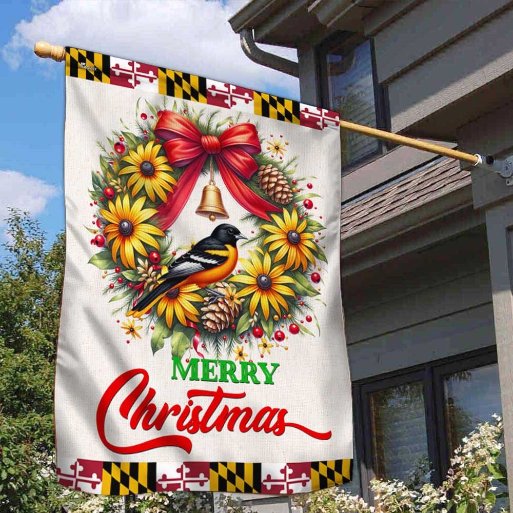 Black-Eyed Susan Christmas Wreath and Baltimore Oriole Maryland Flag - Religious Christmas House Flags