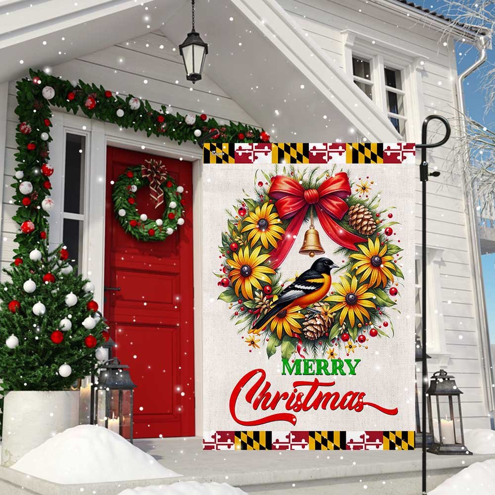 Black-Eyed Susan Christmas Wreath and Baltimore Oriole Maryland Flag - Religious Christmas House Flags