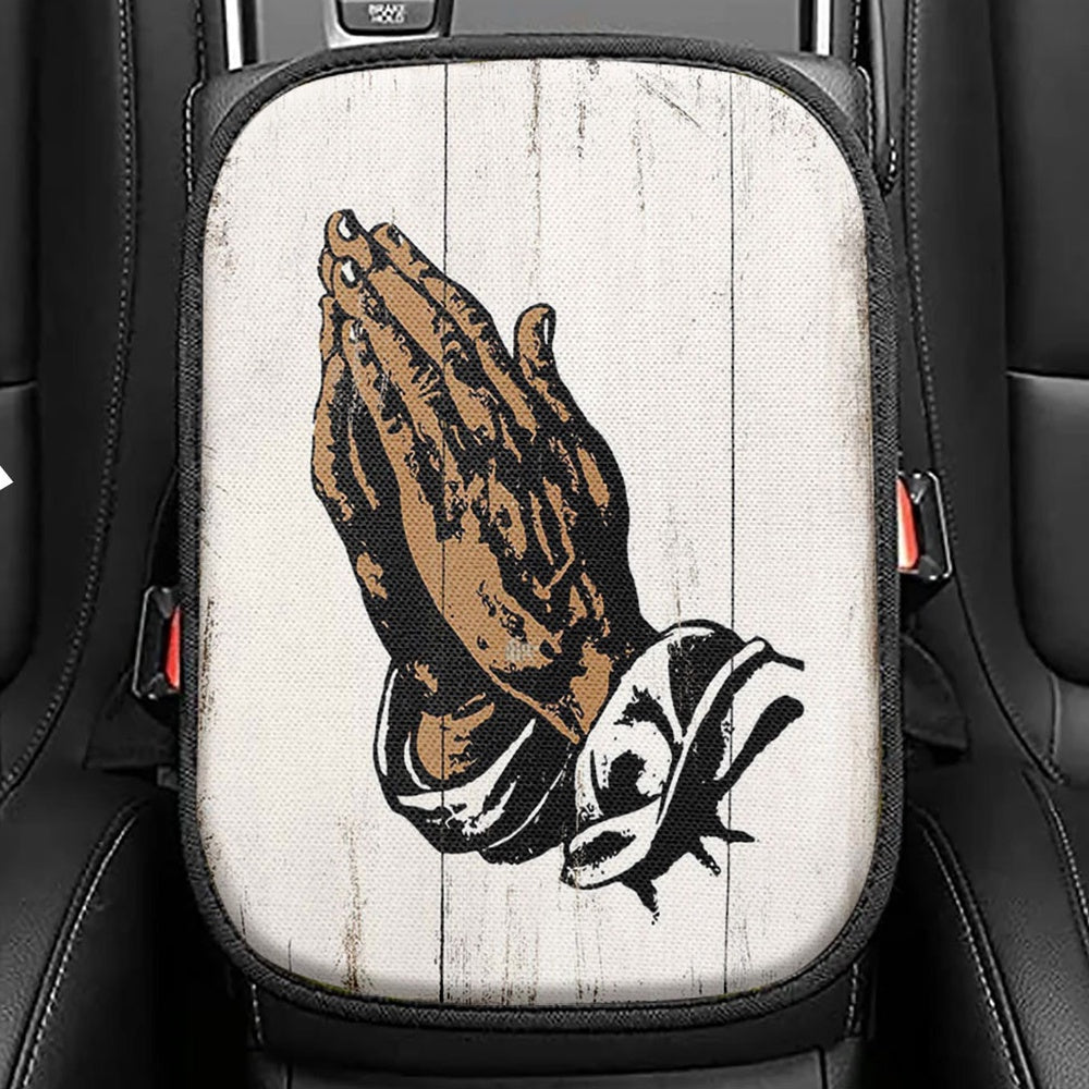 Black African American Hands In Prayer Seat Box Cover, Christian Car Center Console Cover