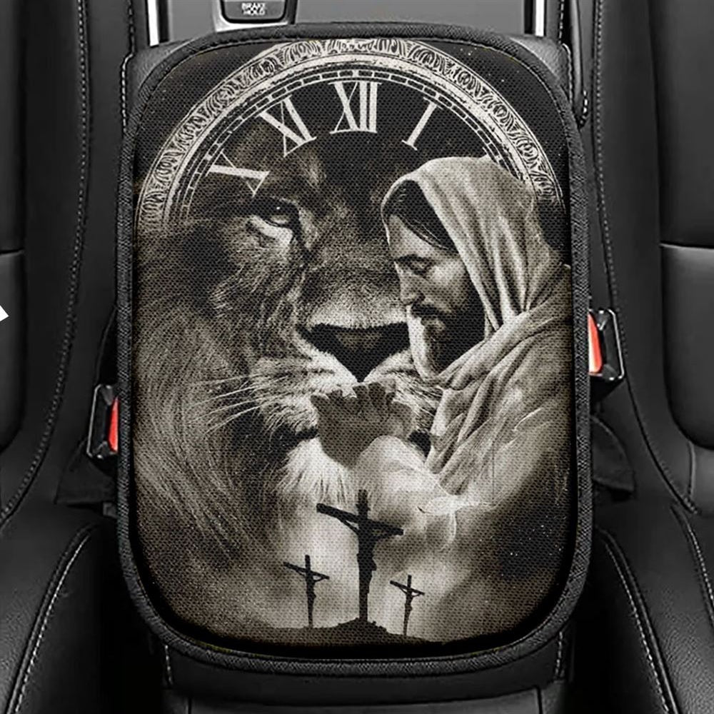 Black And White Drawing Jesus Pray For Healing Lion Of Judah Cross Car Center Console Cover, Christian Armrest Seat Cover, Bible Seat Box Cover