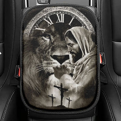 Black And White Drawing Jesus Pray For Healing Lion Of Judah Cross Car Center Console Cover, Christian Armrest Seat Cover, Bible Seat Box Cover