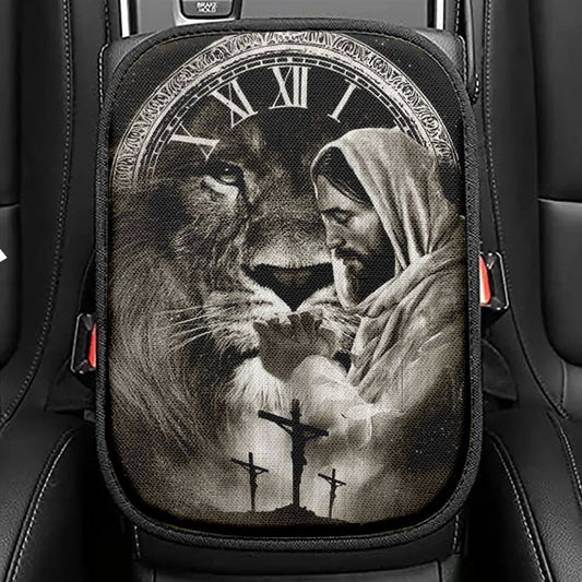 Black And White Drawing Jesus Pray For Healing Lion Of Judah Cross Car Center Console Cover, Christian Armrest Seat Cover, Bible Seat Box Cover