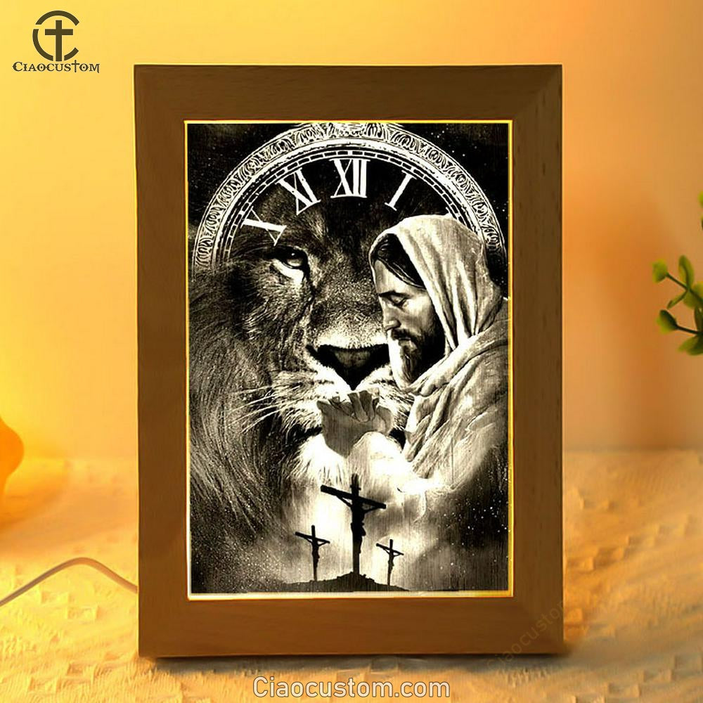 Black And White Drawing Jesus Pray For Healing Lion Of Judah Cross Frame Lamp