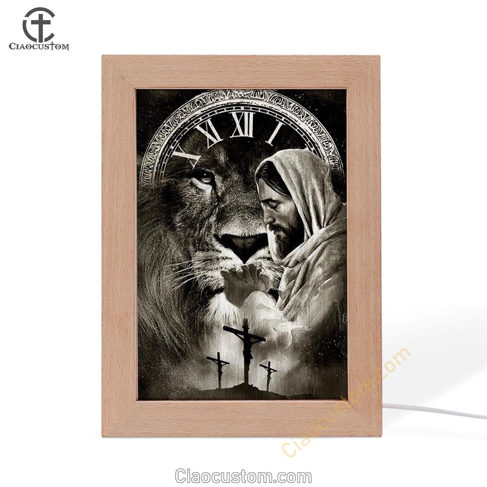 Black And White Drawing Jesus Pray For Healing Lion Of Judah Cross Frame Lamp