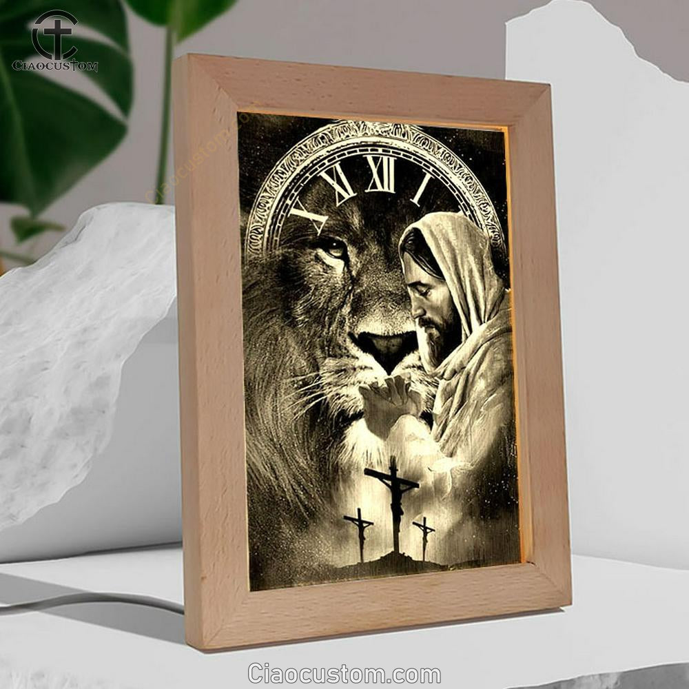 Black And White Drawing Jesus Pray For Healing Lion Of Judah Cross Frame Lamp