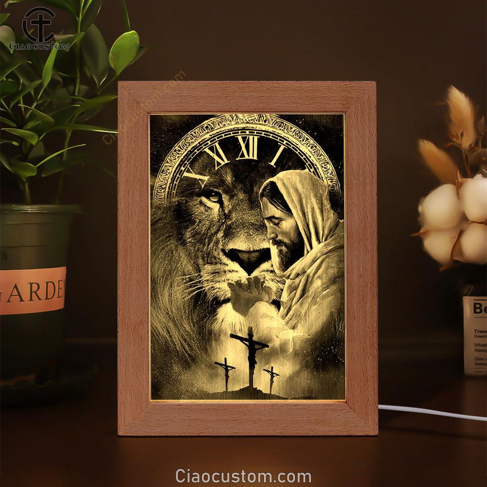 Black And White Drawing Jesus Pray For Healing Lion Of Judah Cross Frame Lamp