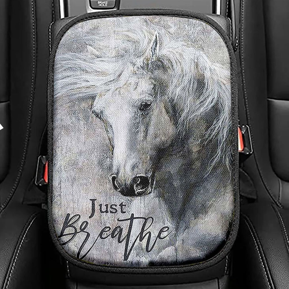 Black And White Horse Just Breathe Seat Box Cover, Christian Car Center Console Cover, Gift For Horse Lover