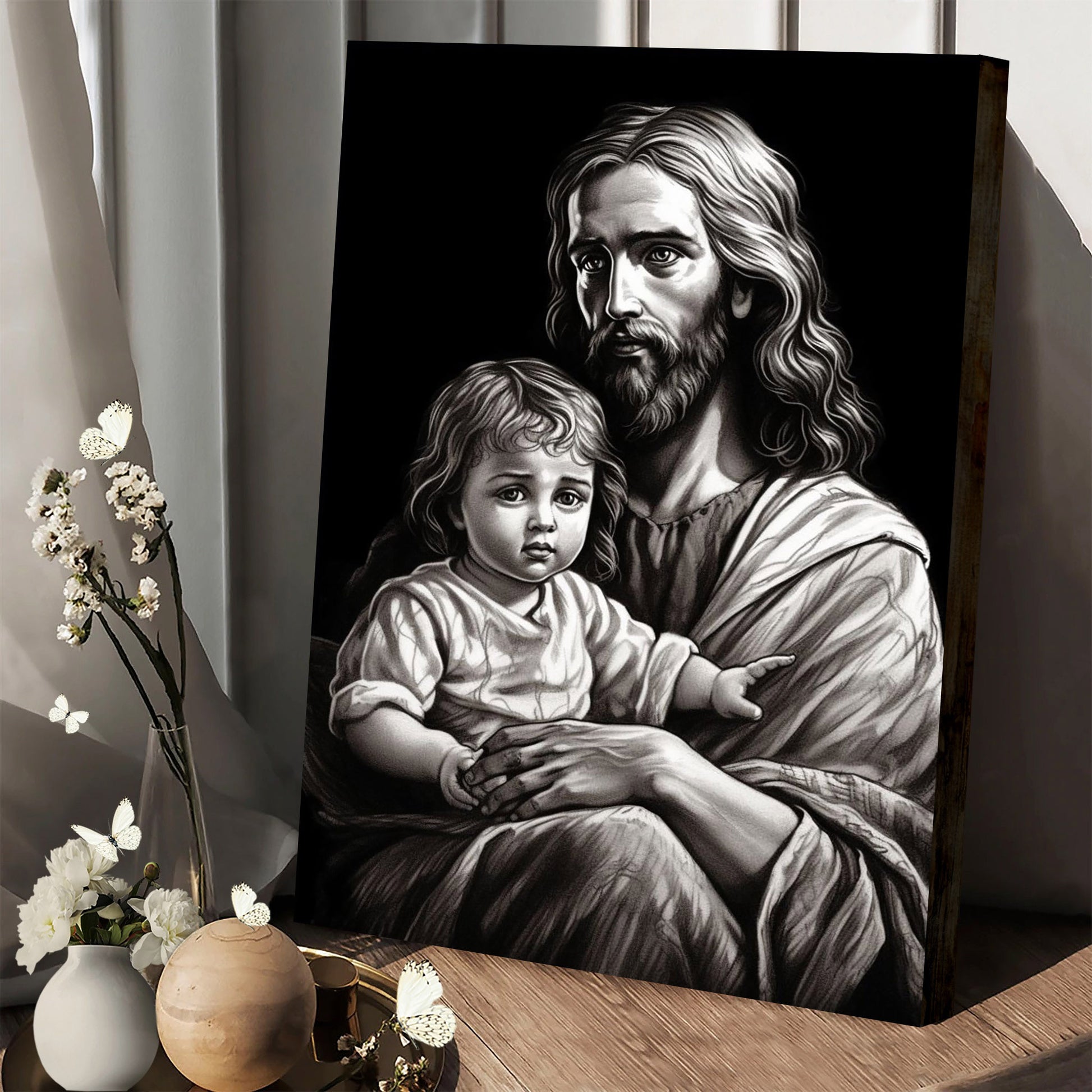 Black And White Jesus Holding A Child - Jesus Canvas Art - Christian Wall Art