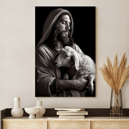 Black And White Jesus Holding A Lamb Faith Based Art - Jesus Canvas Art - Christian Wall Art