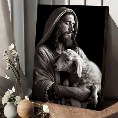 Black And White Jesus Holding A Lamb Faith Based Art - Jesus Canvas Art - Christian Wall Art