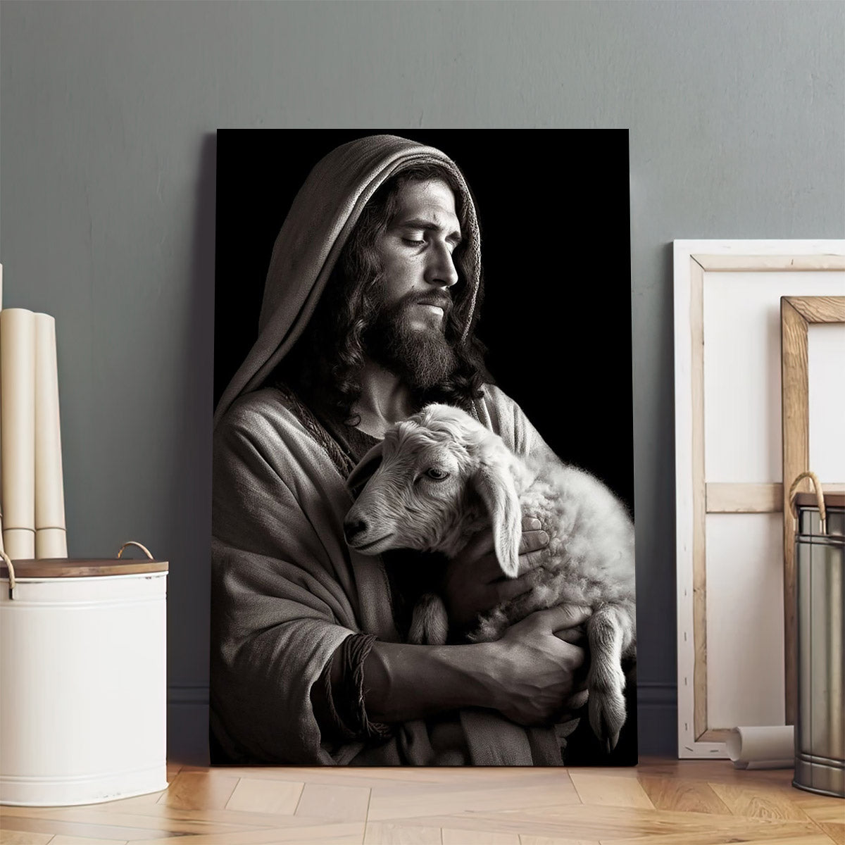 Black And White Jesus Holding A Lamb Faith Based Art - Jesus Canvas Art - Christian Wall Art