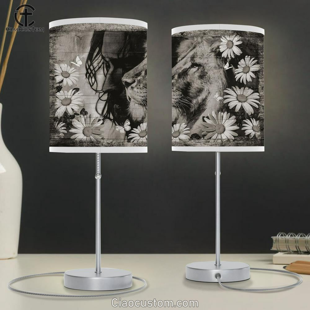 Black And White Jesus Lion Daisy , Lamp Art Table Lamp - Christian Lamp Art - Religious Art