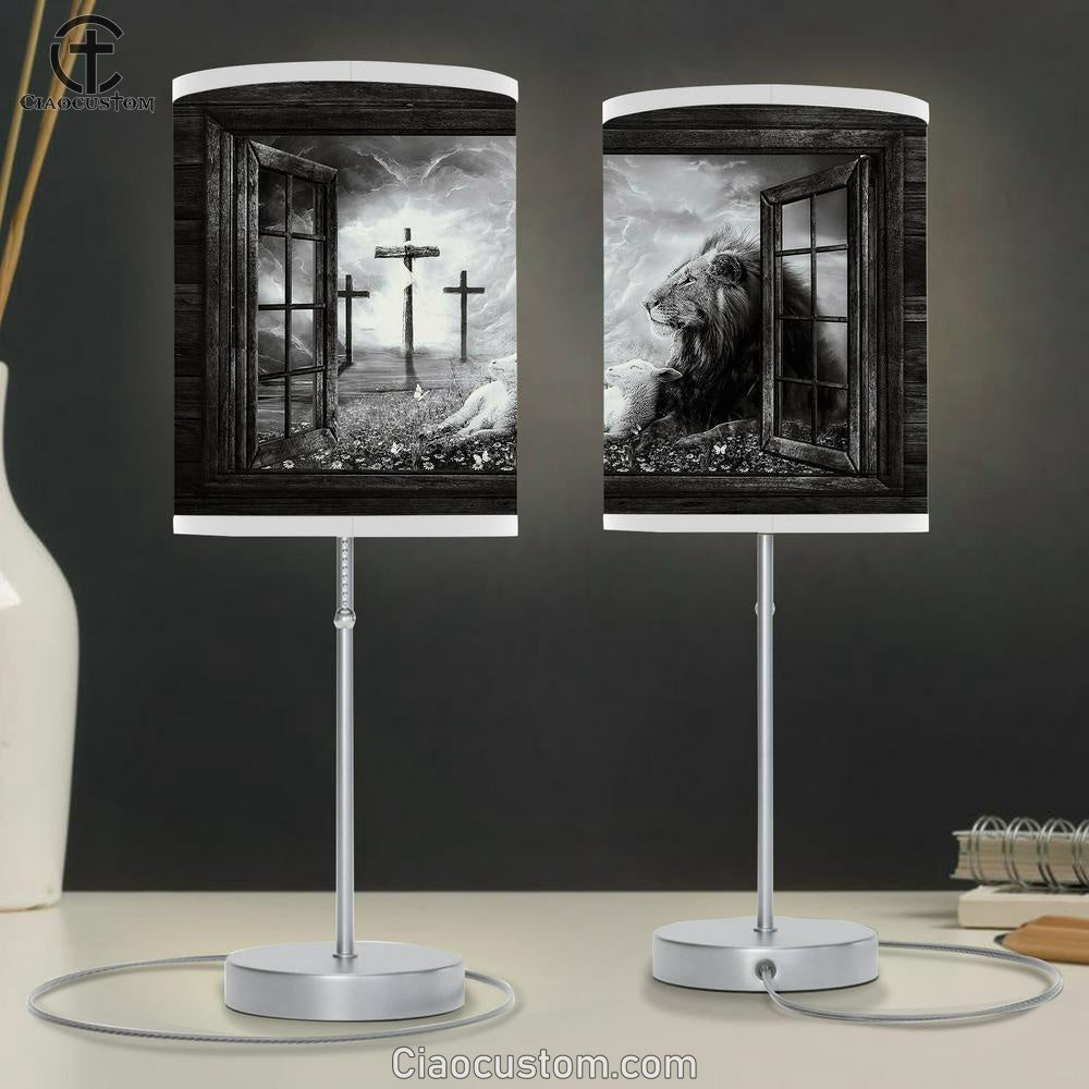 Black And White Lion And Lamb Of God Three Rugged Crosses Lamp Art Table Lamp - Christian Lamp Art - Religious Art