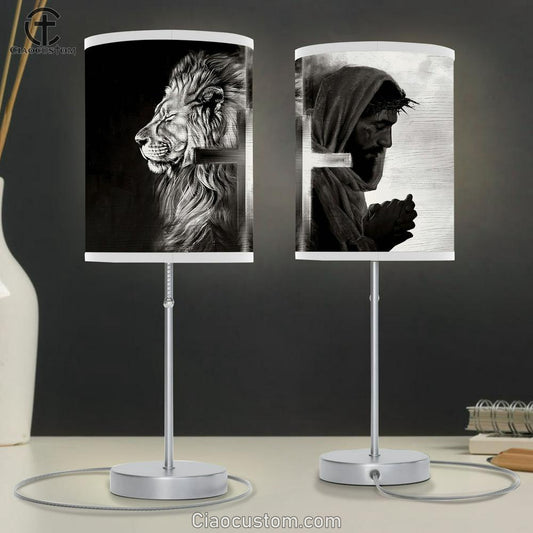 Black And White Lion Of Judah And Jesus Pray Table Lamp For Bedroom - Bible Verse Table Lamp - Religious Room Decor