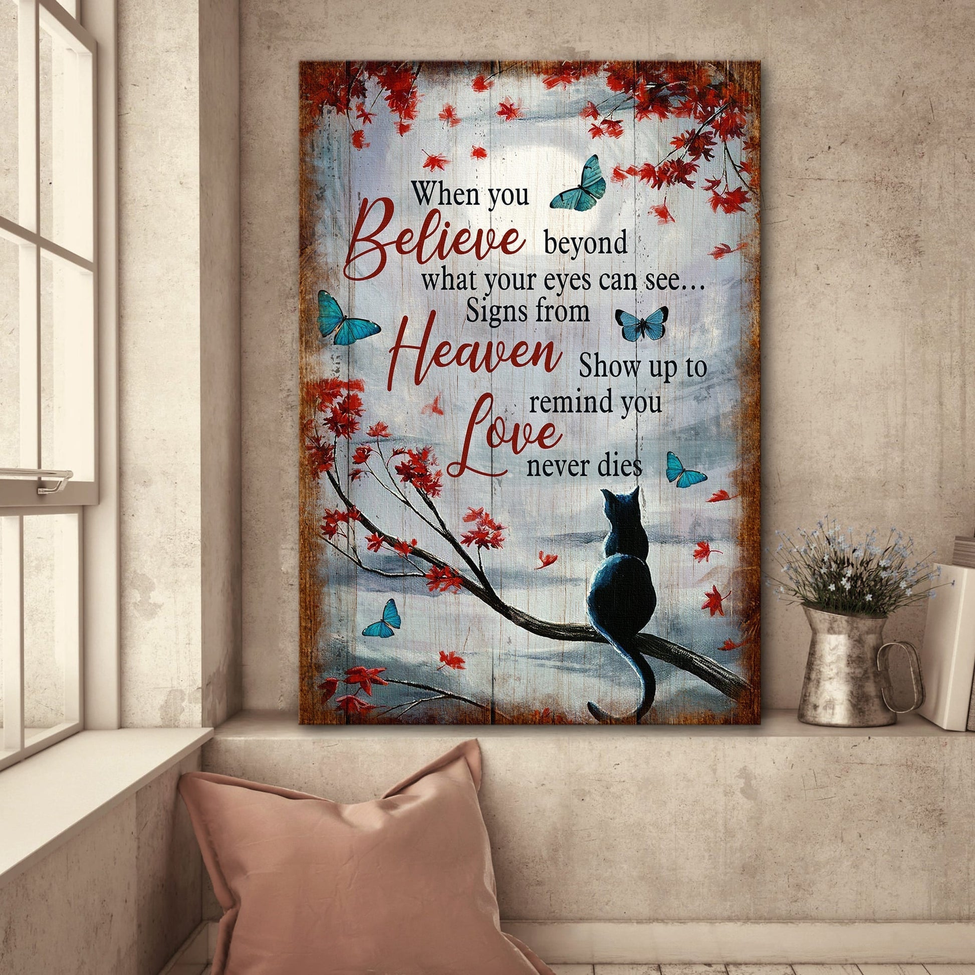 Black Cat Butterfly Love Never Dies Heaven Canvas Wall Art - Christian Gift