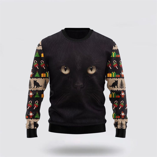 Black Cat Cute Face Ugly Christmas Sweater For Men And Women, Best Gift For Christmas, Christmas Fashion Winter