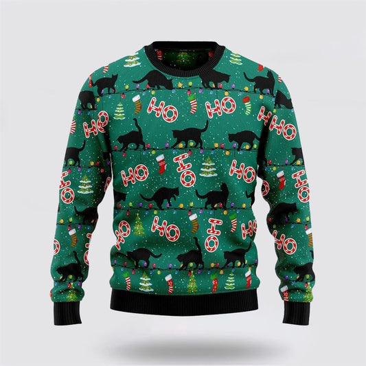 Black Cat Ho Ho Ho Ugly Christmas Sweater For Men And Women, Best Gift For Christmas, Christmas Fashion Winter