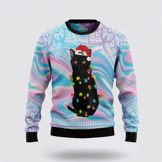 Black Cat Hologram Pattern Ugly Christmas Sweater For Men And Women, Best Gift For Christmas, Christmas Fashion Winter