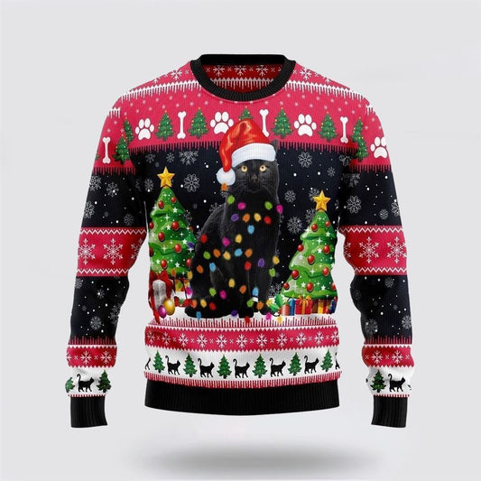 Black Cat Light Ugly Christmas Sweater For Men And Women, Best Gift For Christmas, Christmas Fashion Winter