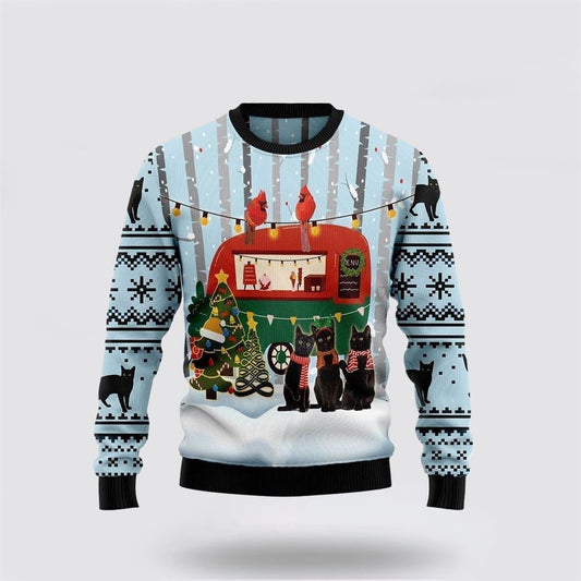 Black Cat Love Camping Ugly Christmas Sweater For Men And Women, Best Gift For Christmas, Christmas Fashion Winter