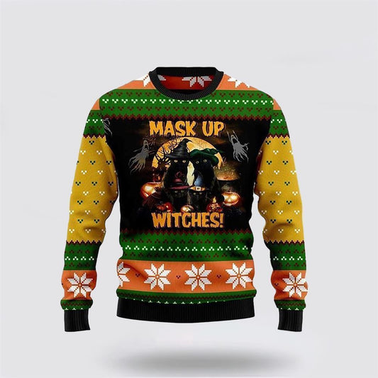 Black Cat Mask Up Witches Ugly Christmas Sweater For Men And Women, Best Gift For Christmas, Christmas Fashion Winter
