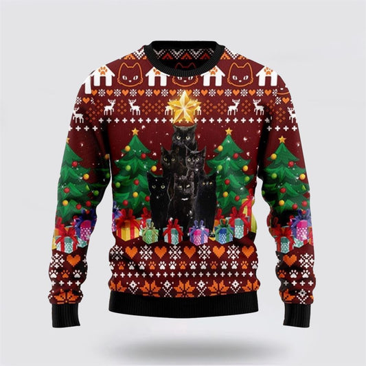 Black Cat Pine Tree Ugly Christmas Sweater For Men And Women, Best Gift For Christmas, Christmas Fashion Winter