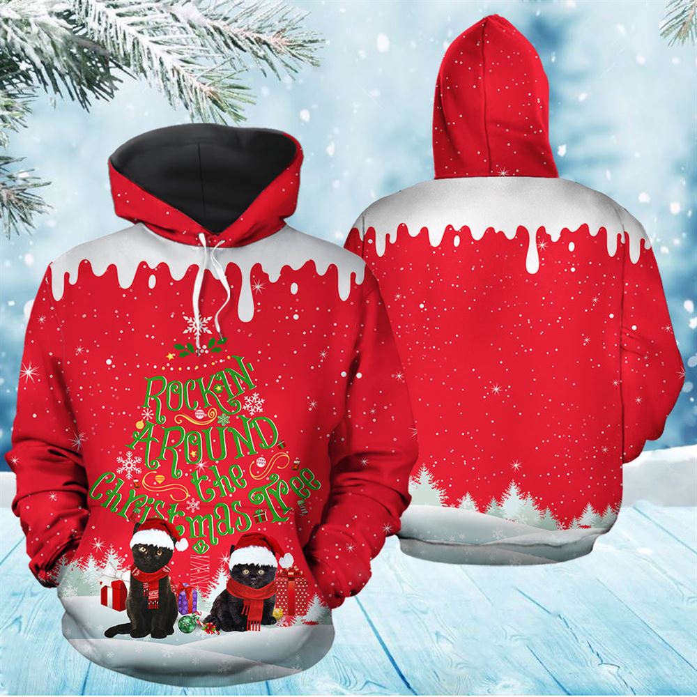 Black Cat Rocking Around The Christmas Tree All Over Print 3D Hoodie For Men And Women, Best Gift For Cat lovers, Best Outfit Christmas
