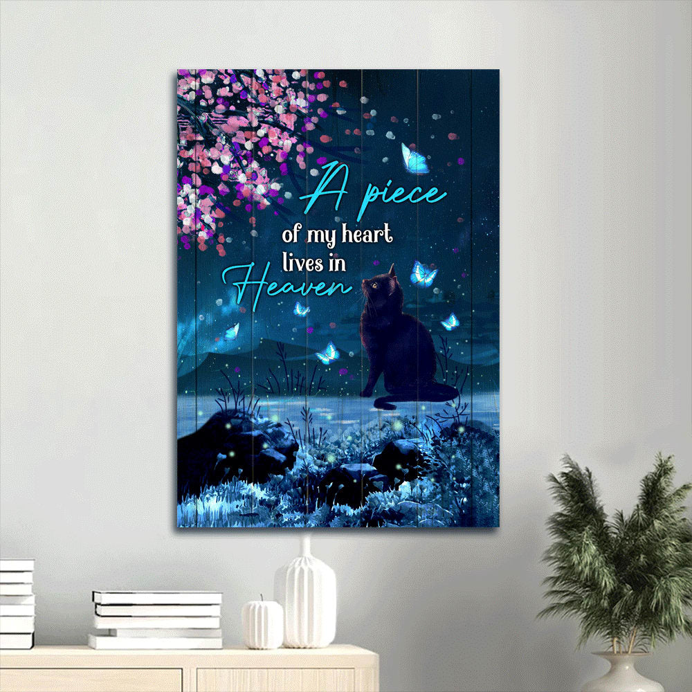 Black Cat Under The Night Sky A Piece Of My Heart Lives In Heaven Heaven Canvas Wall Art - Christian Gift