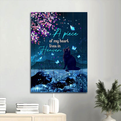 Black Cat Under The Night Sky A Piece Of My Heart Lives In Heaven Heaven Canvas Wall Art - Christian Gift