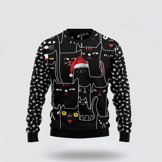 Black Cat With Noel Hat Ugly Christmas Sweater For Men And Women, Best Gift For Christmas, Christmas Fashion Winter