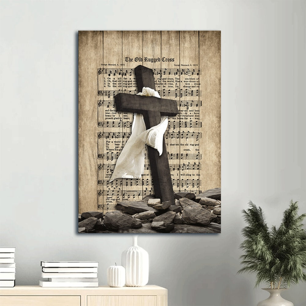 Black Cross White Silk Painting Music Sheet The Old Rugged Cross Christian Canvas Wall Art - Christian Gift