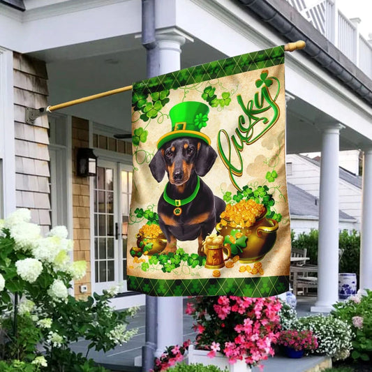 Black Dachshund House Flag - St Patrick's Day Garden Flag - Outdoor St Patrick's Day Decor