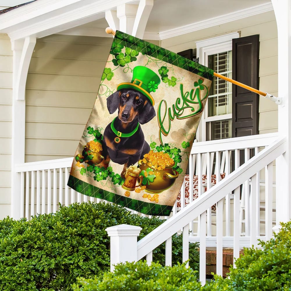 Black Dachshund House Flag - St Patrick's Day Garden Flag - Outdoor St Patrick's Day Decor