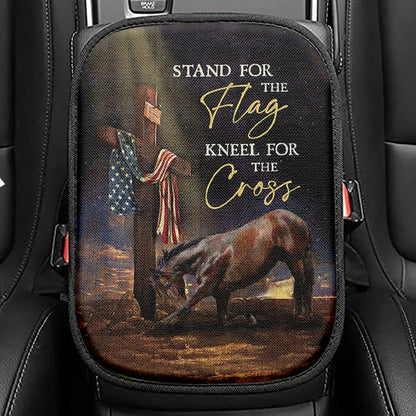 Black Horse Cross Stand For The Flag Seat Box Cover, Bible Verse Car Center Console Cover, Inspirational Car Interior Accessories
