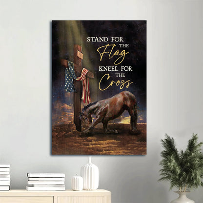 Black Horse Drawing Cross Painting Us Flag Stand For The Flag Christian Canvas Wall Art - Christian Gift