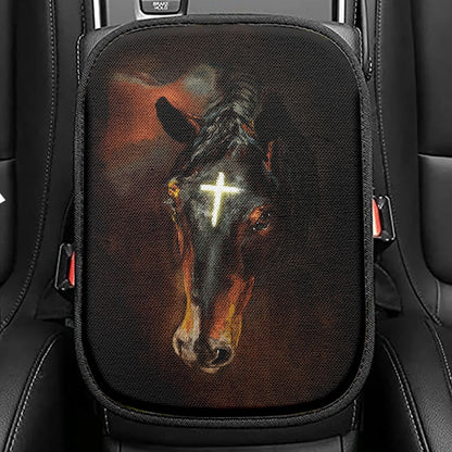 Black Horse Shinning Cross The Incredible Horse Seat Box Cover, Bible Verse Car Center Console Cover, Inspirational Car Interior Accessories