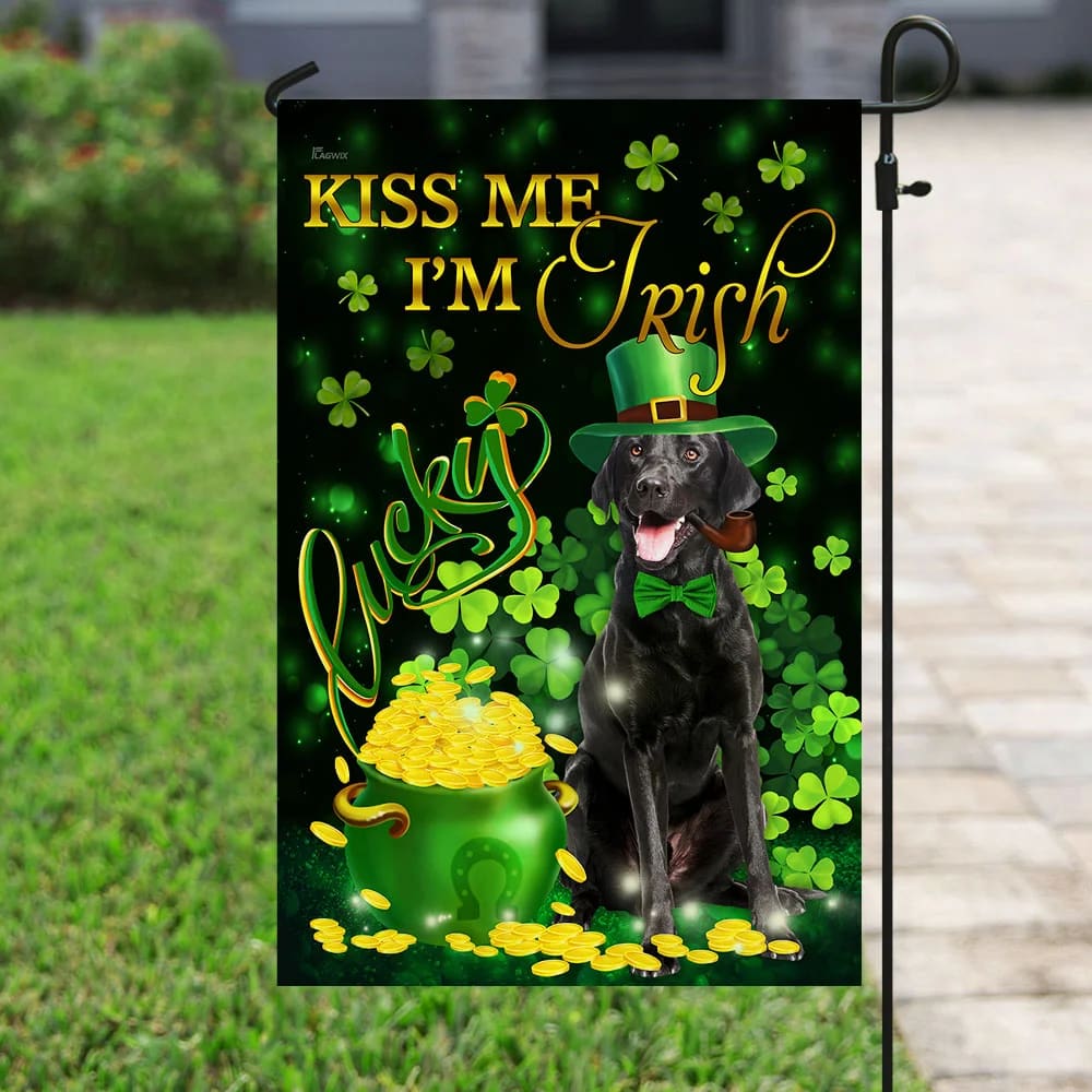 Black Labrador Kiss Me I'm Irish House Flag - St Patrick's Day Garden Flag - Outdoor St Patrick's Day Decor
