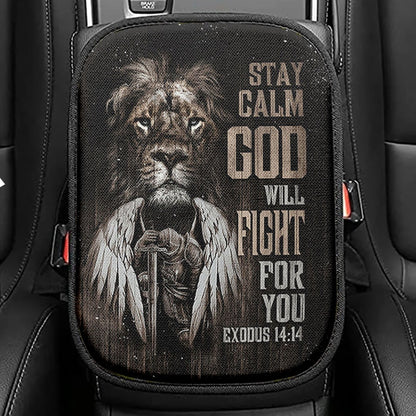 Black Lion Warrior God Will Fight For You Seat Box Cover, Bible Verse Car Center Console Cover, Inspirational Car Interior Accessories