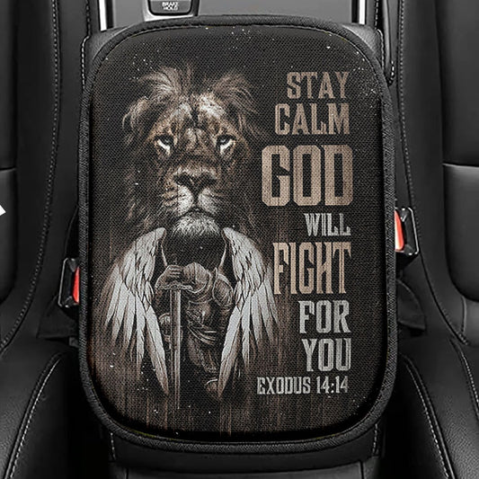 Black Lion Warrior God Will Fight For You Seat Box Cover, Bible Verse Car Center Console Cover, Inspirational Car Interior Accessories
