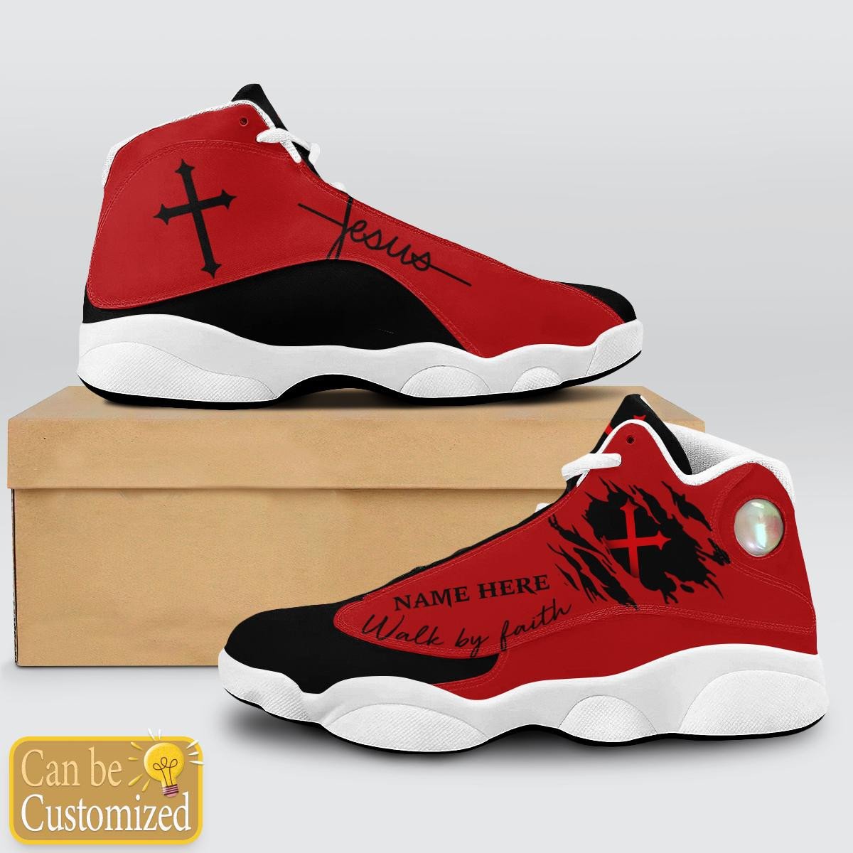 Black Red Walk By Faith Jesus J13 Shoes - Personalized Name Faith Shoes - Jesus Shoes